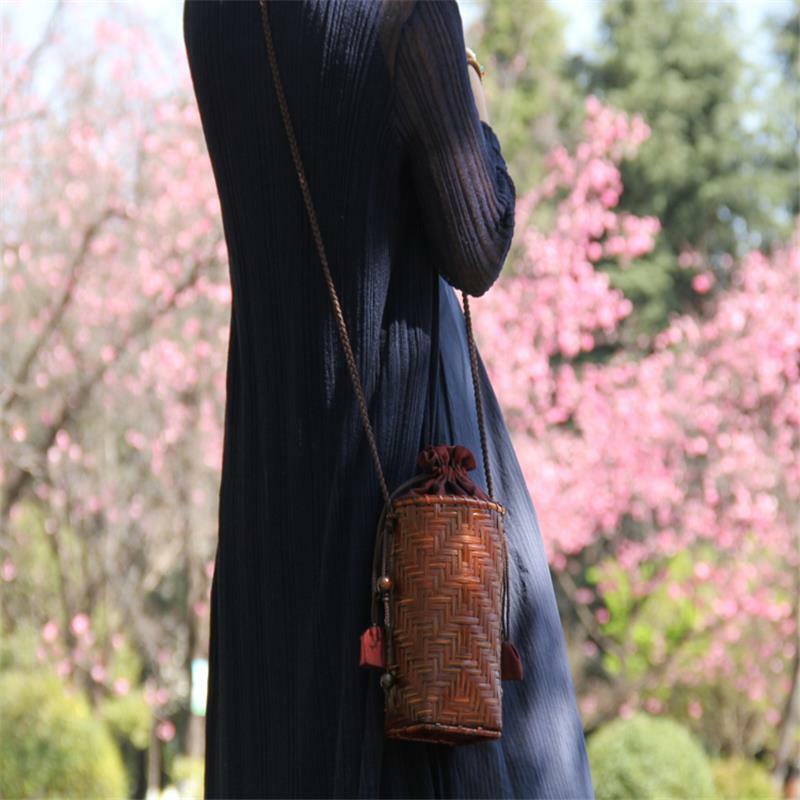 Mini bolsa trançada retrô artesanal original de 10x20cm, bolsa de chá de bambu, bolsas mensageiro de armazenamento, bolsa de balde redonda a6101
