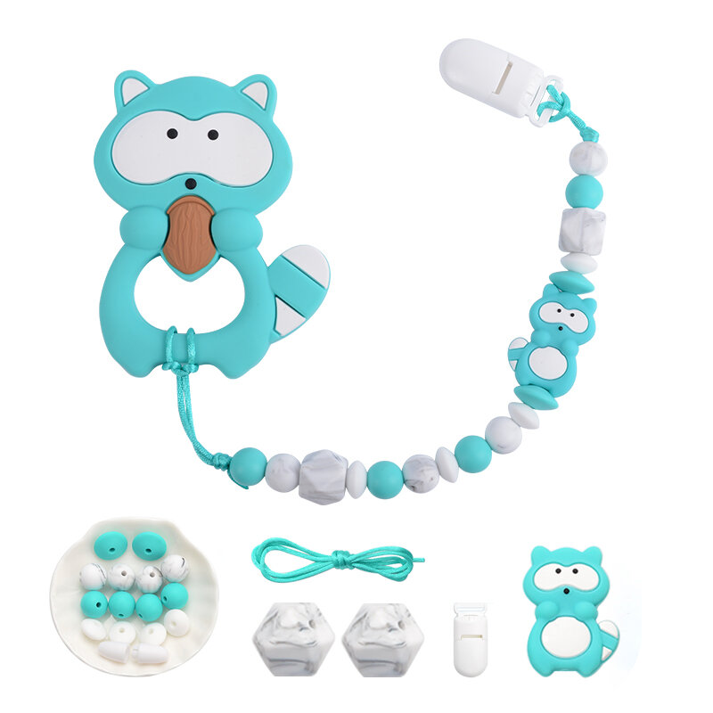 LOFCA Silicone Teether Wood Beads Set BPA Free DIY Baby Teething Necklace Toy Cartoon Koala Raccoon Pacifier Chain Clip