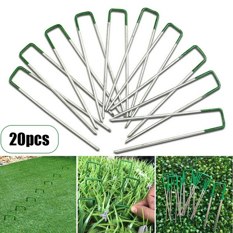 20 sztuk sztuczna sztuczna trawa zszywki darń w kształcie litery U szpilki metalowe ocynkowane ogród chwastów mocowania kołki wsparcie roślin 150mm