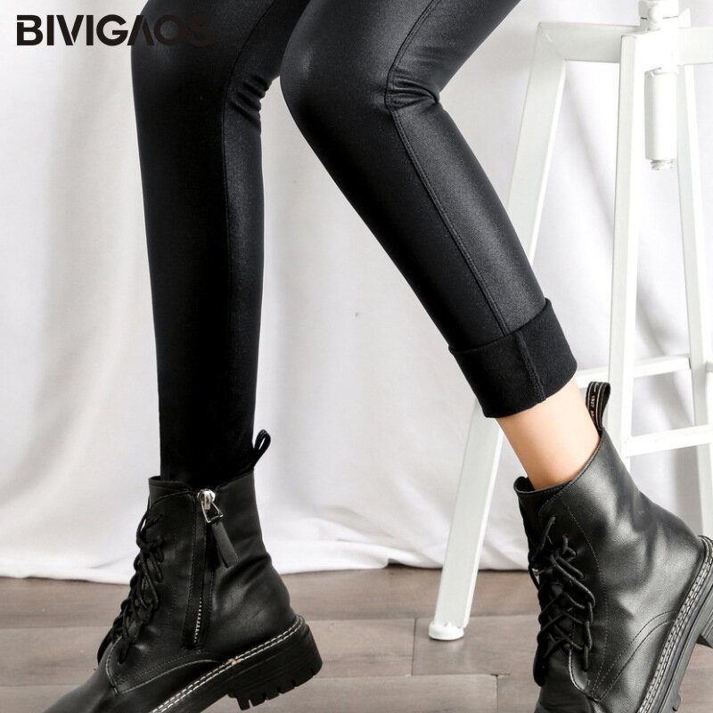 BIVIIncome OS-Leggings en cuir taille haute pour femme, pantalon de moto sexy, leggings chauds slim, sourire noir 256, automne et hiver