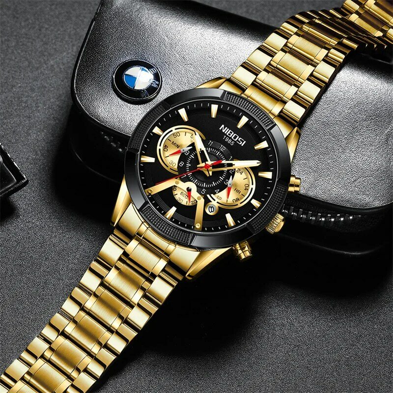 Nibosi chronograph men assista esporte masculino relógios marca de luxo à prova dwaterproof água aço completo relógio de quartzo masculino 2379