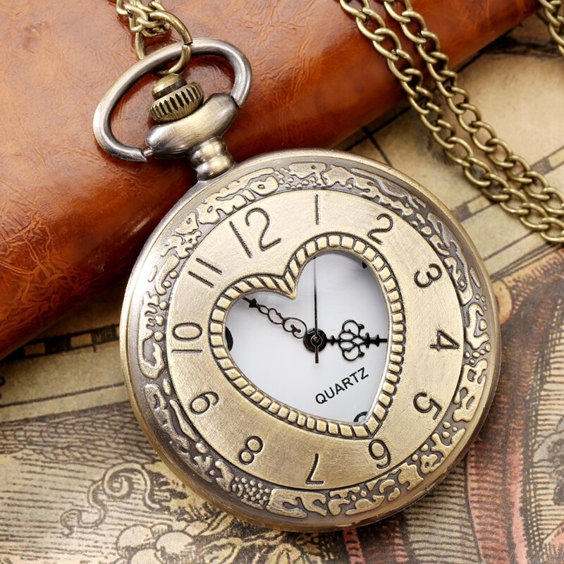 Bronze romântico oco amor coração design relógio de bolso de quartzo retro algarismos árabes colar pingente relógio de bolso fob clock chain