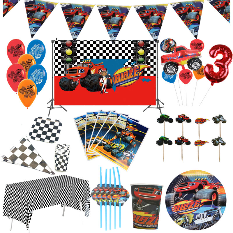 Blaze and the Monster Machines-vajilla desechable con tema, taza de papel, plato, globos, suministros para fiestas de coches de carreras, Baby Shower