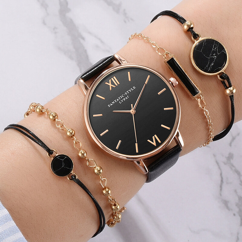 Pulseira de couro feminino relógio de pulso de quartzo analógico, relógio feminino, relógio de vestido, relógio preto, moda estilo top, luxo, 5 peças