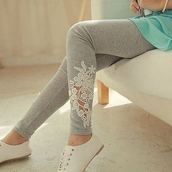Damskie koronkowe kwiatowe spodnie Fitness leginsy Slim elastyczne spodnie do kostek