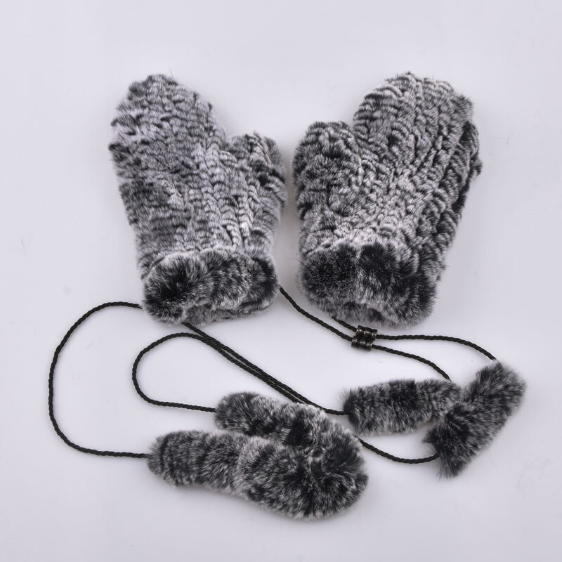 Женские Модные тканые перчатки с милым мехом кролика Рекс, женские зимние теплые варежки на шнурке, подвесные шейные перчатки