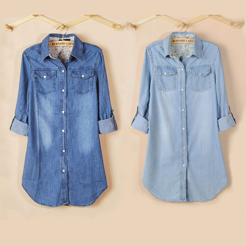 New Spring Fashion Long Loose Cotton Denim Women Blouses Long Sleeve Shirts Women Tops Jeans Blouse Female Casual Clothing