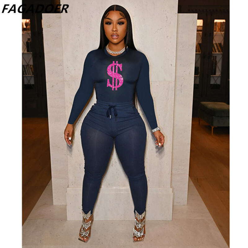 FAGADOER Solid Women Skinny Two Piece Sets Spring Bodycon Tracksuits Dollar Print  Top And Leggings Pants 2pcs Outfits 2022 New