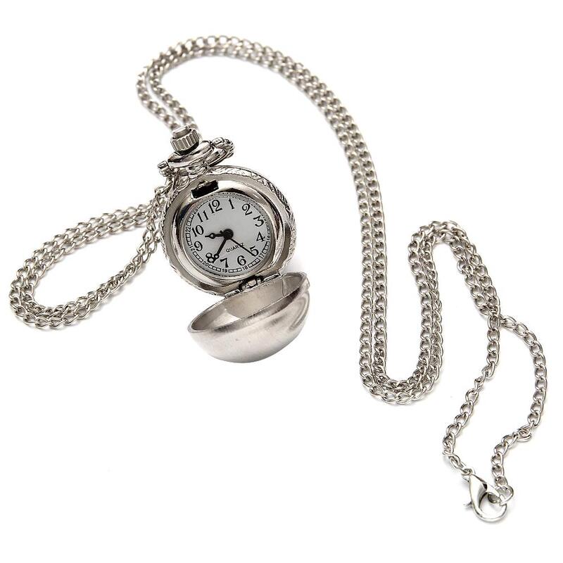 Retro Silver Color Round Ball Quartz Fob Pocket Watch with Sweater Necklace Chain Gifts XIN-Shipping