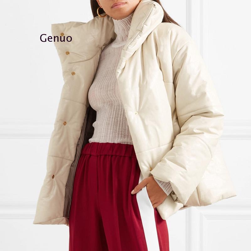 Парка женская из искусственной кожи с воротником-стойкой, модное однотонное пальто из искусственной кожи, элегантная Толстая хлопковая куртка для женщин