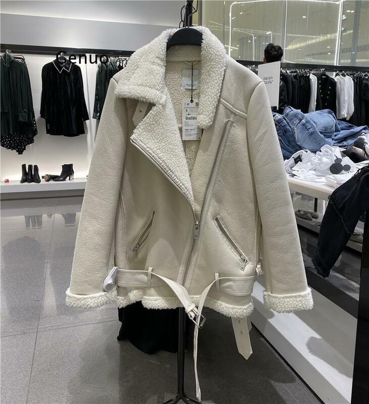 New 2021 Winter Women Sheepskin Coat Streewear Thick Warm Pu Faux Lamb Leather Jacket with Belt Loose Oversized Outwear