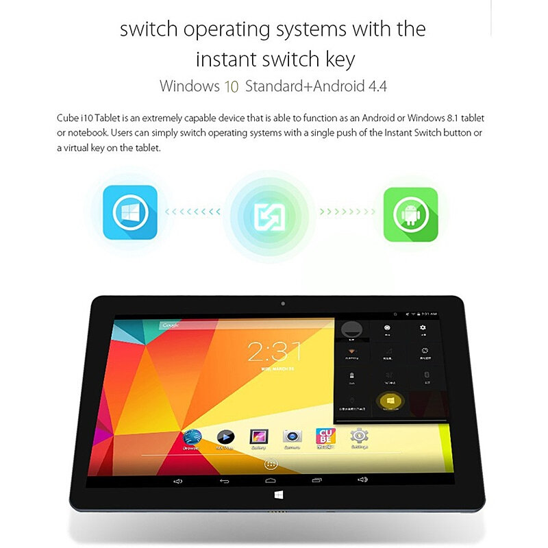 10.6 ''Quad Core 2GB RAM 32GB ROM Cu be i10 Windows 10 + Android 4.4 Dual System Tablet PC 1366*768 IPS supporto Touch Screen Wifi
