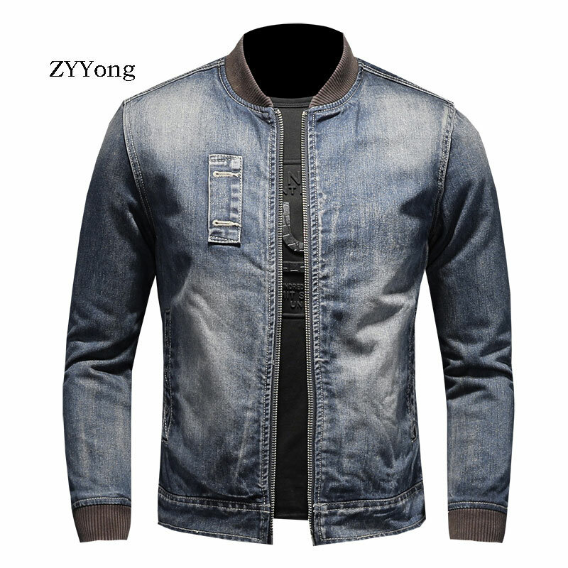 Осенне-зимняя мужская куртка-бомбер ZYYong, повседневная приталенная куртка-бомбер с бархатной подкладкой и Бейсбольным воротником на молнии, Мужская джинсовая куртка