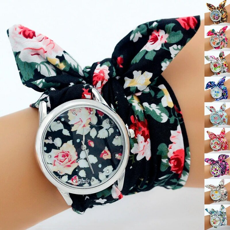 Shsby novo design relógio de pulso feminino com pulseira de pano e flores, relógio feminino com tecido, relógio prateado e lindos para meninas, 1 a 10 relógios por atacado