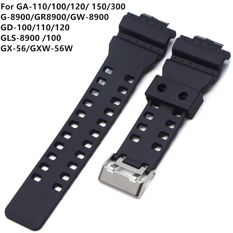 Correa de goma de silicona de 16mm para reloj Casio G Shock, repuesto negro, resistente al agua, accesorios, GD-100, G-8900