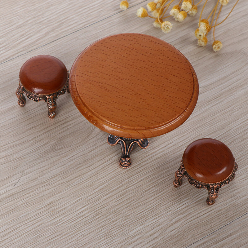 Móveis Dollhouse madeira miniatura, mesa redonda Coffe e tamborete, 1:12