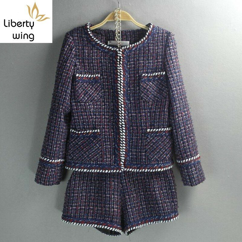 Purple Women Two Piece Outfits Brand Womens Tweed Jacket Shorts Set Female O-Neck Coat Small Fragrance Jackets Woven Lady Suit