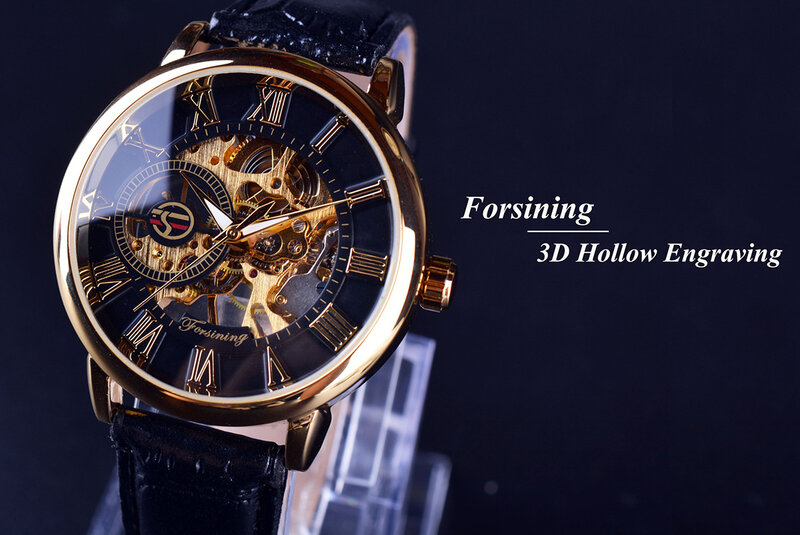 Forsining 3d Logo Ontwerp Holle Graveren Black Gold Case Leather Skeleton Mechanische Horloges Mannen Luxe Merk Heren Horloge