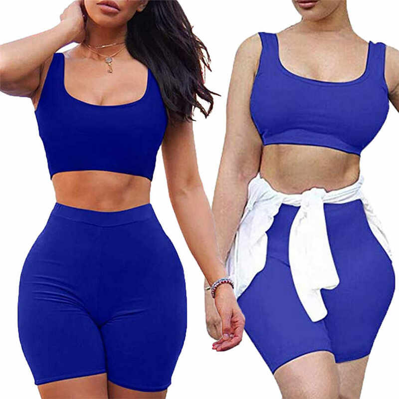 2PCS Wanita Pakaian Latihan Yg Hangat Pakaian Set Pantai Crop Top Slim Celana Pendek Celana Bodycon Kasual Pakaian Olahraga 2019 Baru