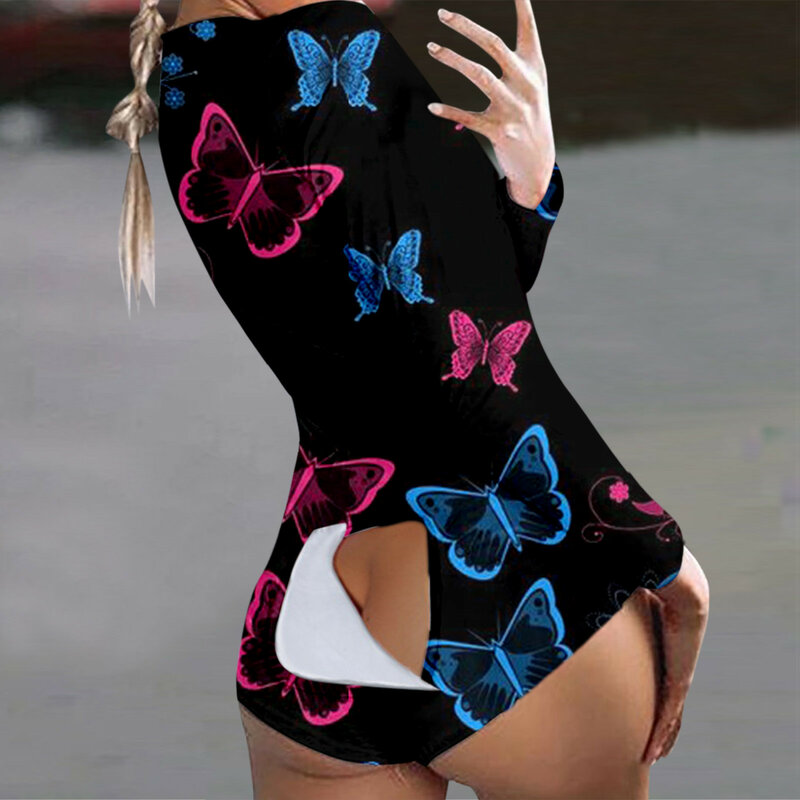 Macacão curto com estampa de borboleta, pijama de aba para mulheres, com botão, sexy, peça única para adultos, plus size, para festa de clube feminino