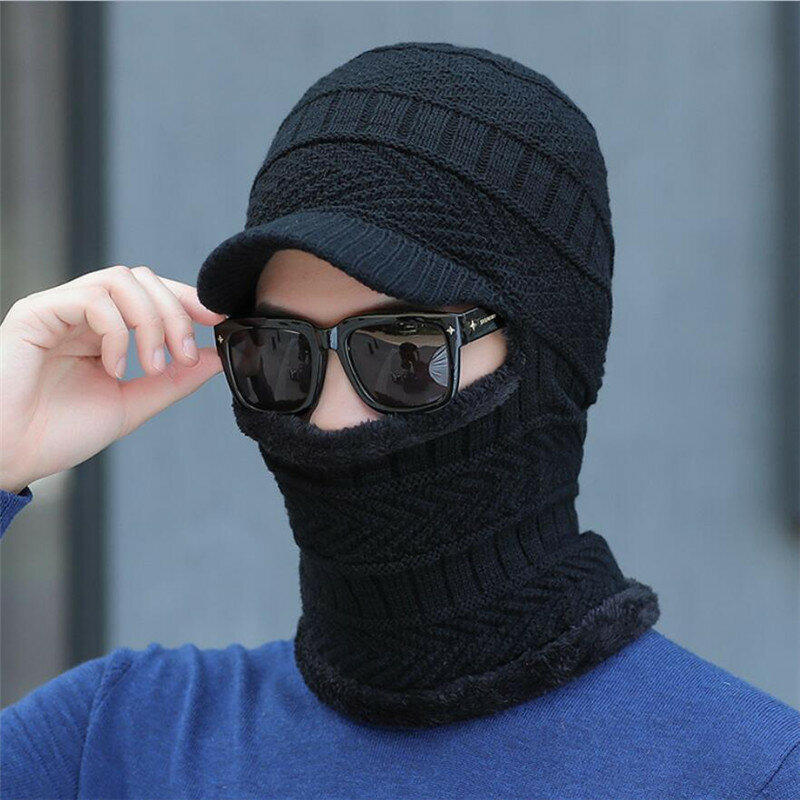 Winter Knit Hat Scarf Set Men Women Warm Plush Hooded Hat Scarf With Brim Male Visor Beanies Adult Solid Wavy Cap Ring Scarves