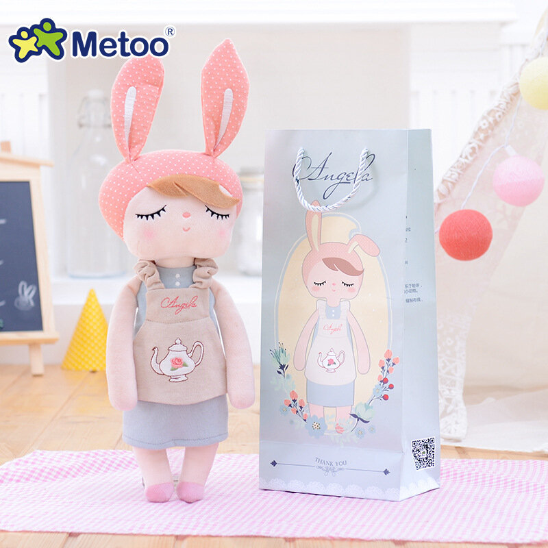 Metoo-Muñeca de peluche de conejo Angela con bolsa de regalo de papel, animales de peluche en caja, juguetes para dormir, muñecas para niños, apaciguar al bebé, cumpleaños y Navidad