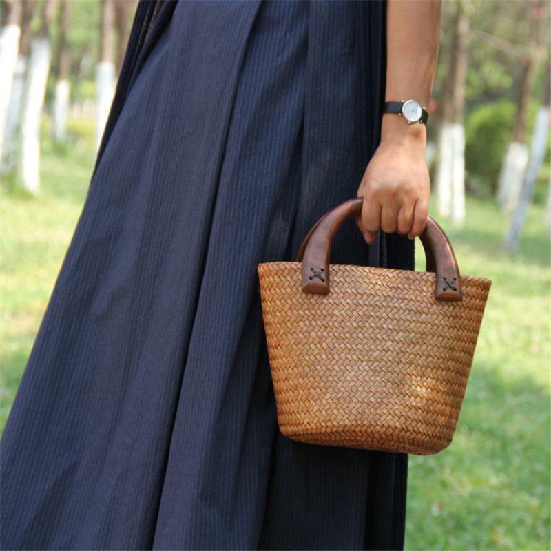Bolsa de palha de rattan, bolsa de mão mini retrô feminina, pequena balde, novo estilo a6103, 26x18cm