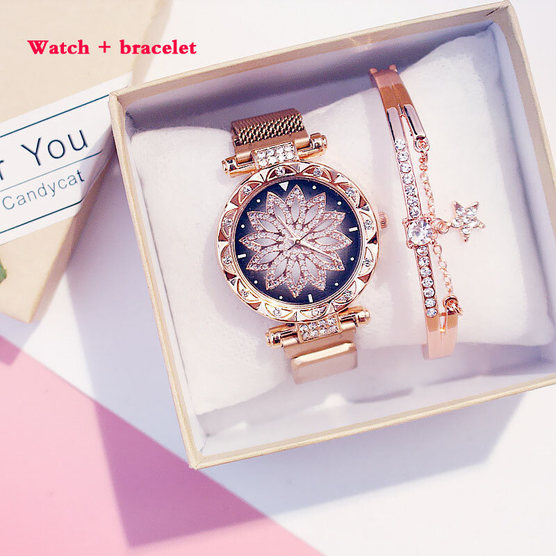 Kobiety Mesh klamra magnetyczna Lucky Flower zegarki + zestaw bransoletek luksusowe damskie kryształ górski zegarek kwarcowy Starry sky Relogio Feminino