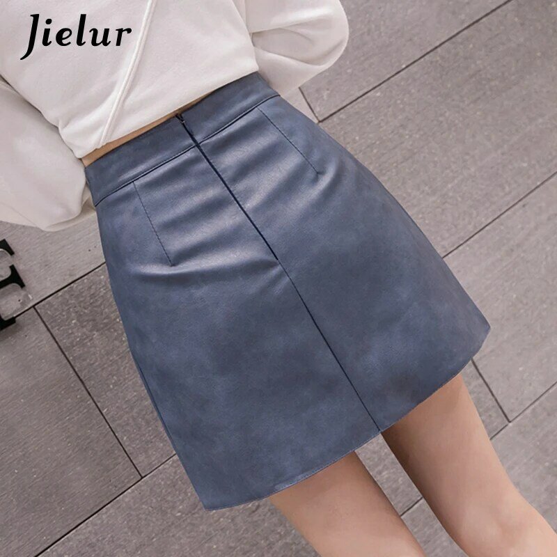 Jielur Leather Skirt Autumn Winter New Korean High Waist Mini Skirt Female 4 Colors Chic Black Sexy Saia A-line PU Skirts Women