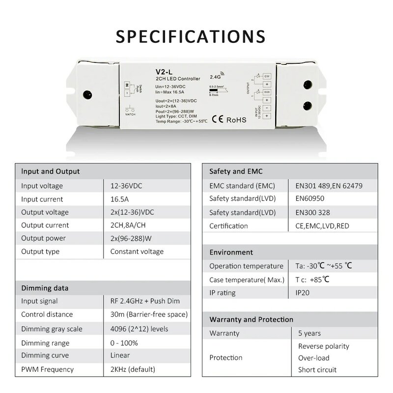 WW CW-Contrôleur de bande lumineuse LED sans fil, 12V, 24V, 36V, 2CH, 16A, 2.4G, télécommande RF, interrupteur gradateur LED pour CCT, double lumière blanche