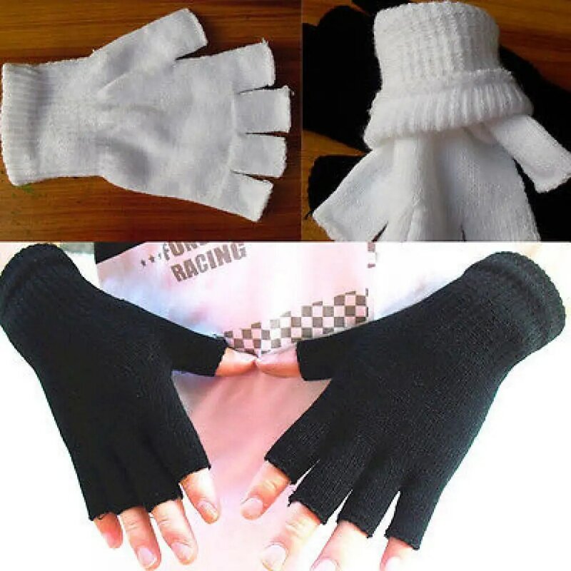 Ladies Winter Fingerless Gloves Mittens Solid Color Women Half Fingers Warm KnitMagic Gloves Mittens Men Unisex Black White 2023