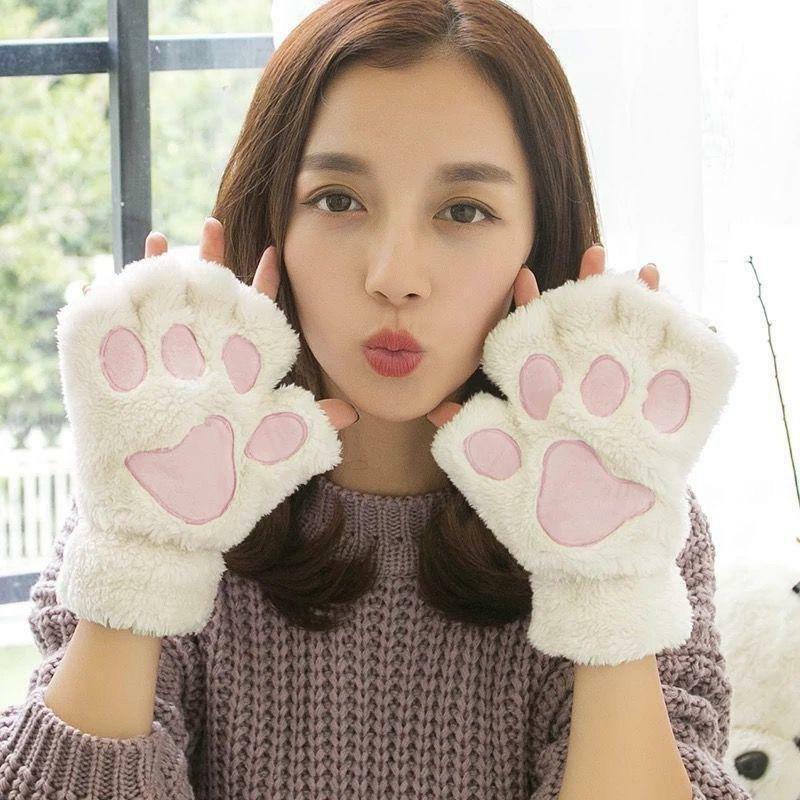 고양이의 발 장갑 숙녀 겨울 한국어 귀여운 소녀 핑거리스 두꺼운 따뜻한 곰의 발 플러시 반 손가락 패션 장갑