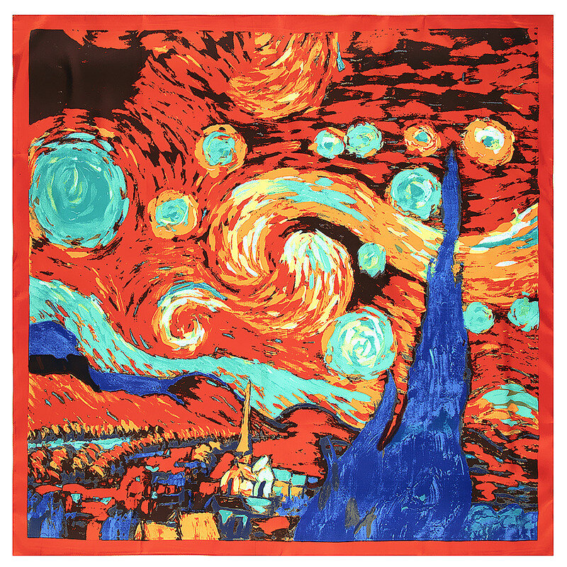 130cm New Van Gogh Starry Sky Oil Painting 2021 Brand Scarf Twill Silk Square Scarf Women Kerchief Shawl Scarves For Ladies