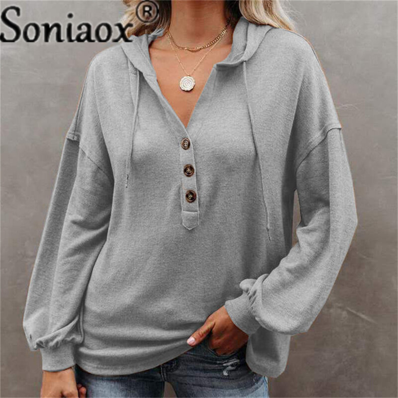 Sweat-shirt à capuche pour femmes, couleur unie, ample, manteaux, manches longues, boutons, décontracté, grande taille, automne, 2021
