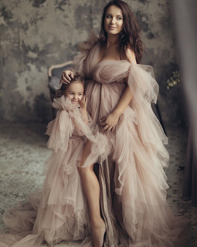 Unique Design Mom and Me Matching Dresses Tulle Vestido One Sleeve Mother and Kids Dress 2022 Maternity Gown for Photoshoots
