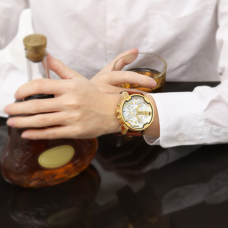 CAGARNY 남성용 쿼츠 시계, 남성용 가죽 시계, 듀얼 다이얼, 아날로그 달력, 밀리터리 남성 손목시계, 최고 브랜드, 럭셔리, 50mm 큰 시계