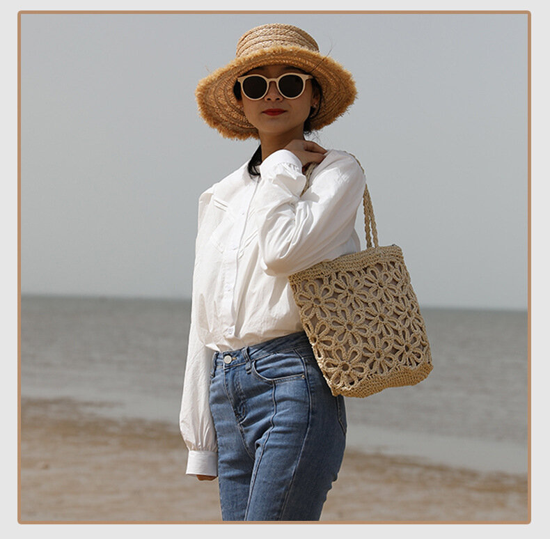 حقيبة منسوجة بالزهور مجوفة للنساء ، حقيبة قش محمولة ، حقيبة راتان للشاطئ ، عطلة على شاطئ البحر ، جديدة ،