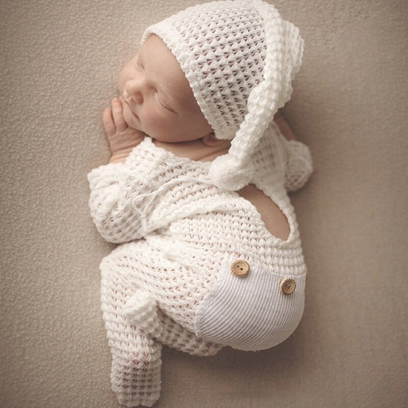 2個新生児写真の小道具かぎ針衣装ベビーロンパース帽子セット幼児写真撮影ビーニーキャップジャンプスーツボディスーツ