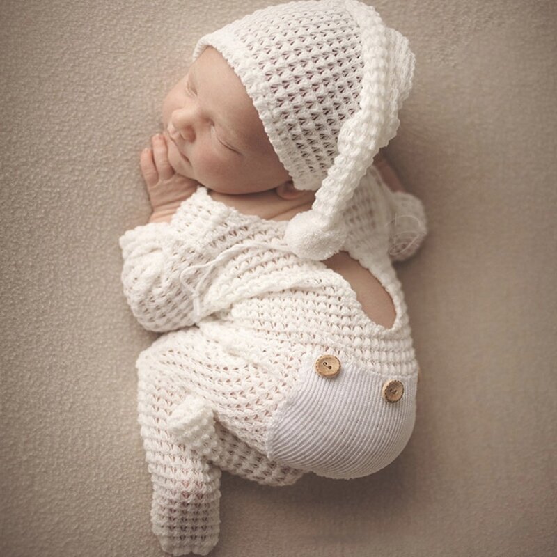 2 Pcs Neugeborenen Fotografie Requisiten Häkeln Outfit Baby Strampler Hut Set Kleinkinder Foto Schießen Mützen Kappe Overall Body