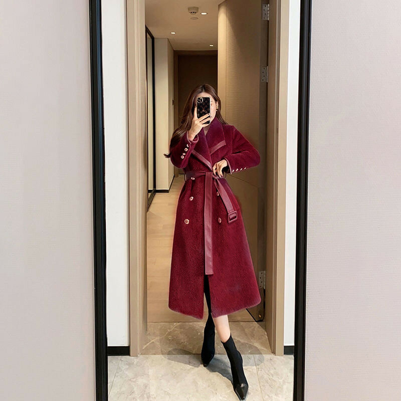 Elegante fuax casaco de pele feminina 2022 outono inverno lapela couro do plutônio cinto casaco botões quente longo oversized pele outerwear novo