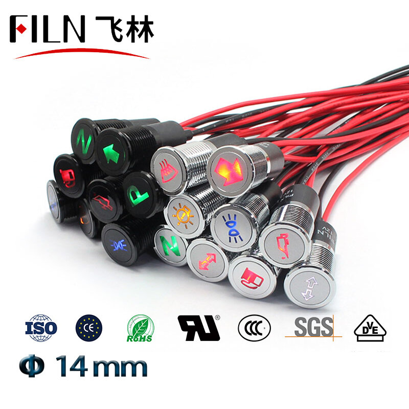 Светодиодный индикатор FILN 14 мм с черным корпусом, красный, желтый, синий, зеленый, автомобильный аппликатор, символ 12 В, светодиодный световой индикатор с кабелем 20 см