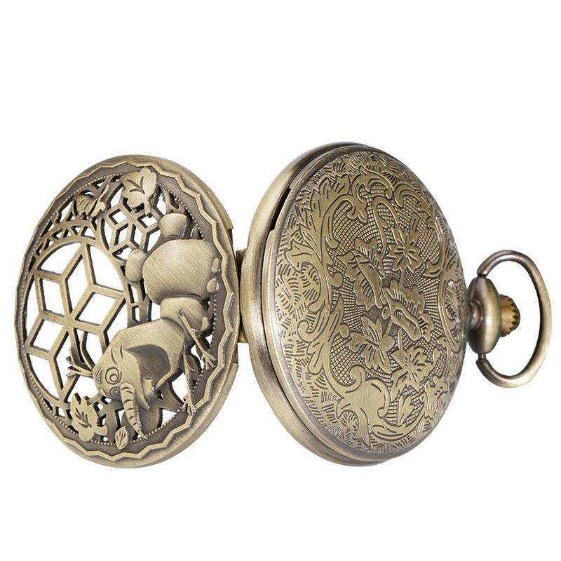 Reloj de bolsillo de cuarzo con diseño de insectos de bronce antiguo, cubierta de hoja hueca, suéter Retro, collar, colgante, recuerdo, FOB, regalo