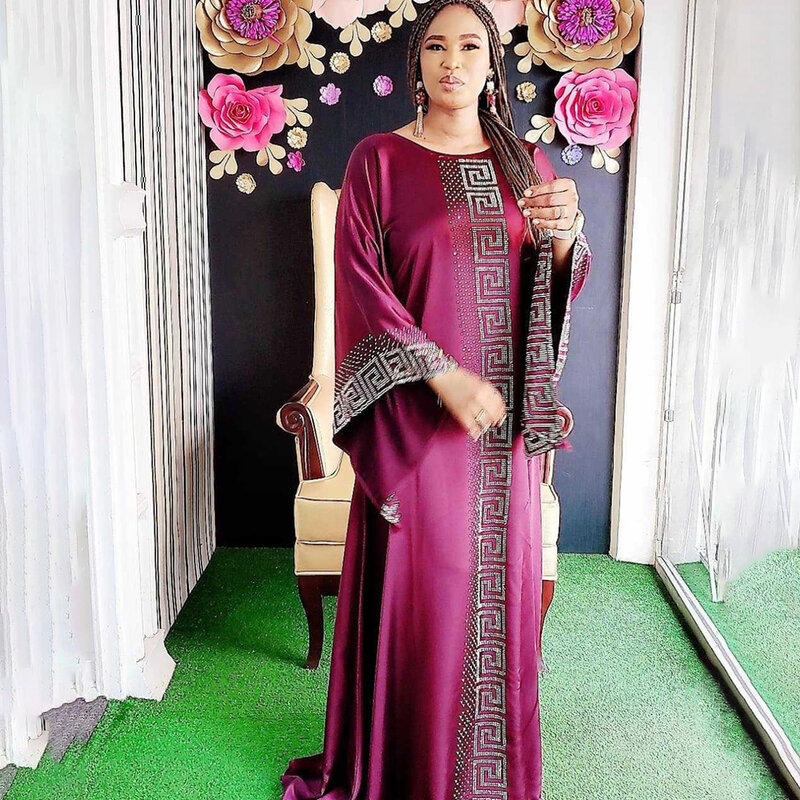 Dashiki Gaun Sutra Manik-manik Abaya Dubai Maxi Bazin Afrika Desain Vintage Lengan Panjang Jubah Gaun Afrika Wanita Seksi Pesta