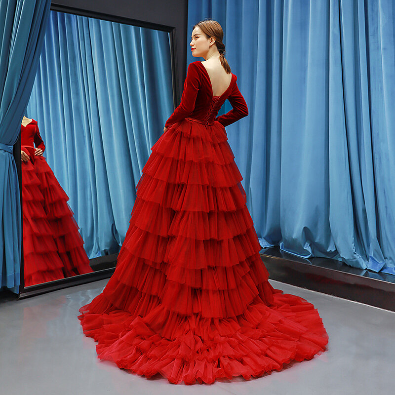 หรูหรา Tulle กำมะหยี่สีแดงชุดราตรียาวชุดราตรีโอกาสอย่างเป็นทางการชุดพรหมคลอดบุตร Vestido De Noche Sukienki