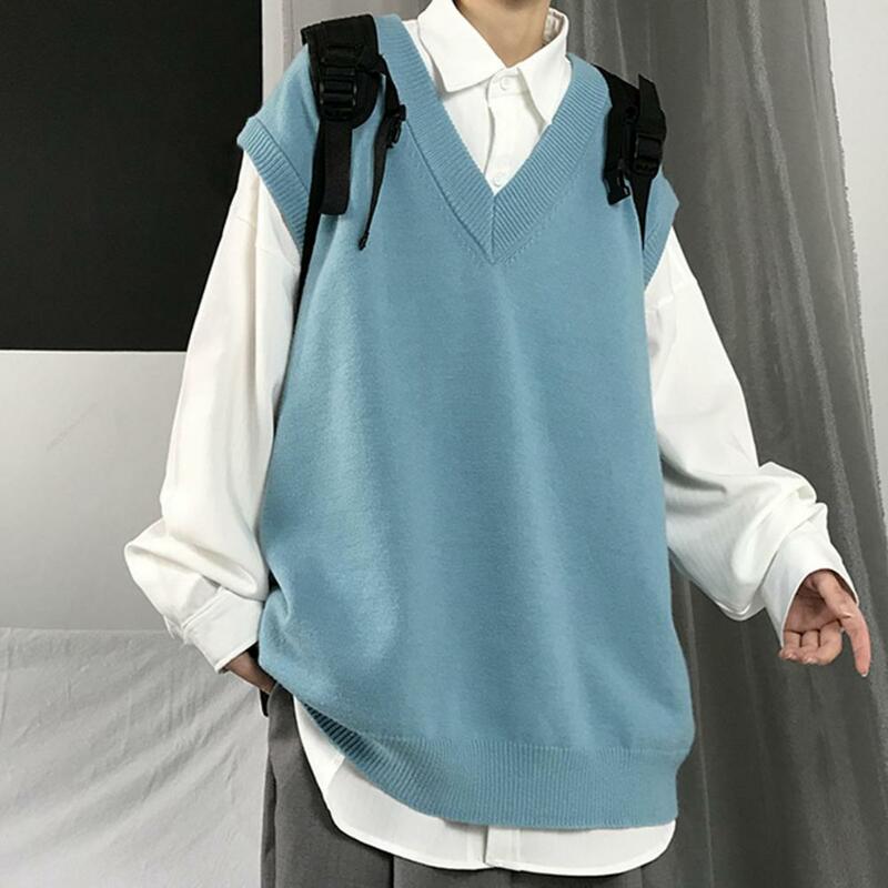 Sweater kerah V warna polos untuk pria, Sweater tanpa lengan netral musim semi untuk sekolah