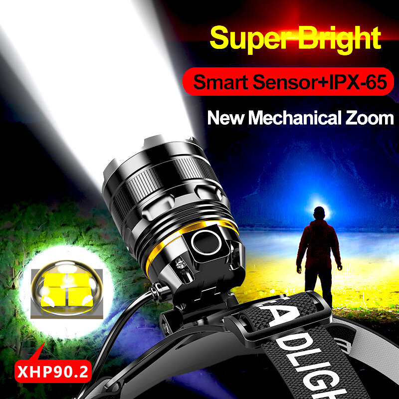 Светодиодный налобный фонарь с датчиком XHP90.2, 1000 люмен, со встроенным аккумулятором, зарядка через USB