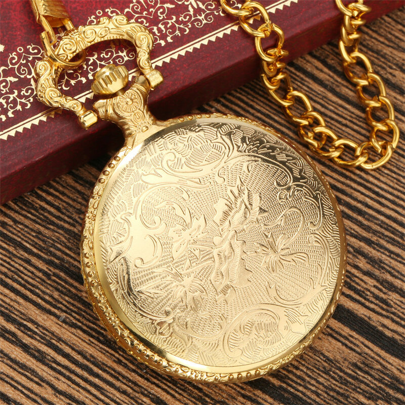 Reloj de bolsillo de cuarzo con temática de logotipo de mampostería dorada, esfera redonda de exhibición de números árabes con collar/Cadena de bolsillo