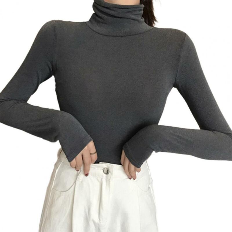 Atasan Pullover Blus Wanita Termal Slim-Fit Warna Solid Turtleneck Sweter Lengan Panjang Blus Kemeja Atasan Dasar