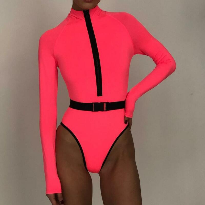 Bkld Panjang Lengan Bodysuit 2020 Musim Gugur Musim Dingin Wanita Fashion Zipper V-Leher Bodycon Spandex Bodysuit Clubwear Neon Baju Monyet Wanita