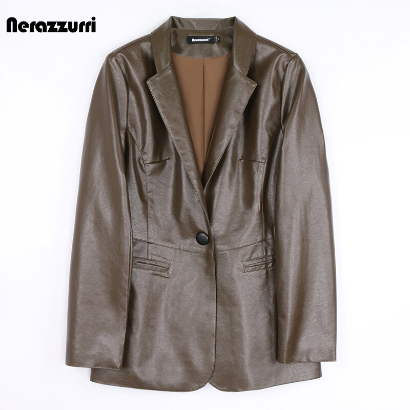 Nerazzurri-女性のためのスタイリッシュなシングルボタンジャケット,革のジャケットとコート,春と秋,5xl,6xl,7xl
